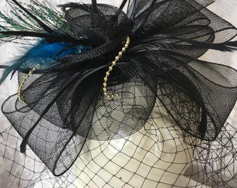 Fascinator Headband With Beautiful Peacock andd Shiny Black Teal Feathers, Black Veil and Horsehair Bows. Black HEADBAND FASCINATOR.