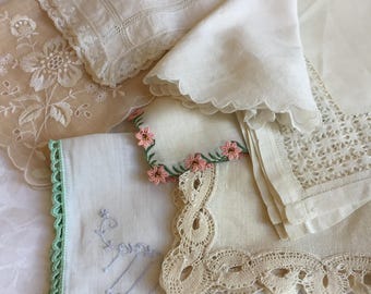 Vintage 7 Green, Pink & White Hankies. Hardanger, Crocheted, Embroidery, Pulled Thread, Inset Lace, Tape and Openwork Plus Round Hanky.
