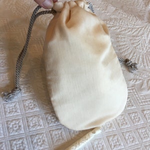 Handmade Reticule Light Peach Straight Sides Purse. Vintage Fine Cotton With a Hit of a Dot. White Silk Lining. Gray Cord Drawstring.