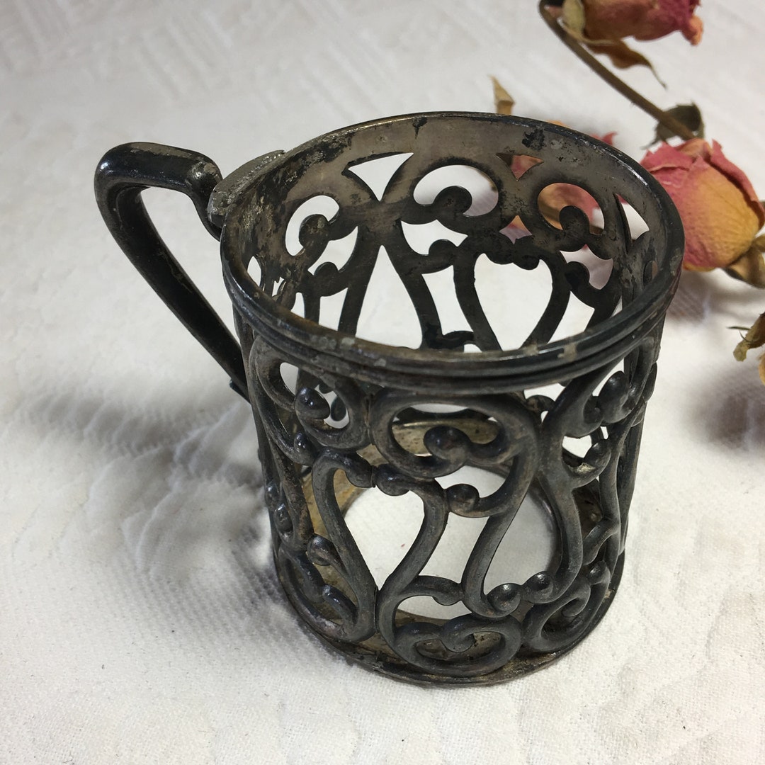 Vintage Silver Plate Cup Holder. Ornate Openwork Swirly Designs on Cup