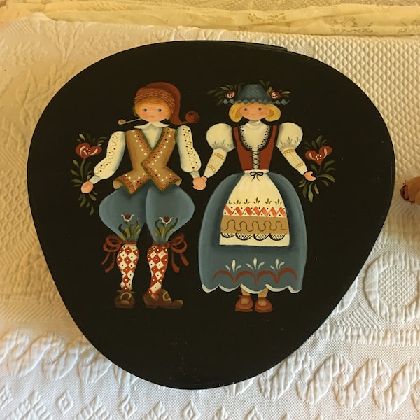 Vintage Painted Storage Box. German Boy and Girl Painted on Outside of Nearly Heart Shaped Wood Box for Keeping Treasures. Sewing Box.