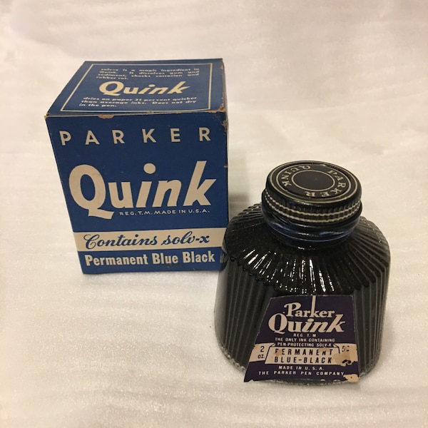 vintage Bleu/Noir permanent Parker Quink Encre pour stylo plume ou plume. Bouteille de 2 onces. Contient Solv-x pour nettoyer le stylet en cours d’utilisation.