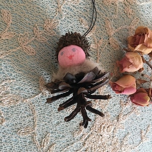 Vintage 1950s Christmas Pinecone Russian Elf. Paper Mache Head, Acorn Top Russian Hat and Fur Collar. Charming Little Ornament.