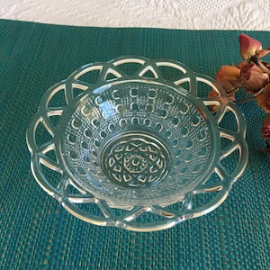 Vintage Clear Pressed Glass Bowl With Openwork Scalloped Edge. Overall Dotted Side Design and Flower on Bottom. Great for Candy or Nuts.