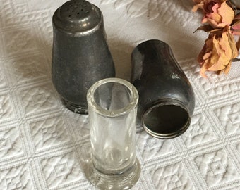 Vintage Etched Sterling Silver & Glass Salt and Pepper Dinner Shakers. Screw Out Glass Cylinder Center Holds Salt and Pepper.
