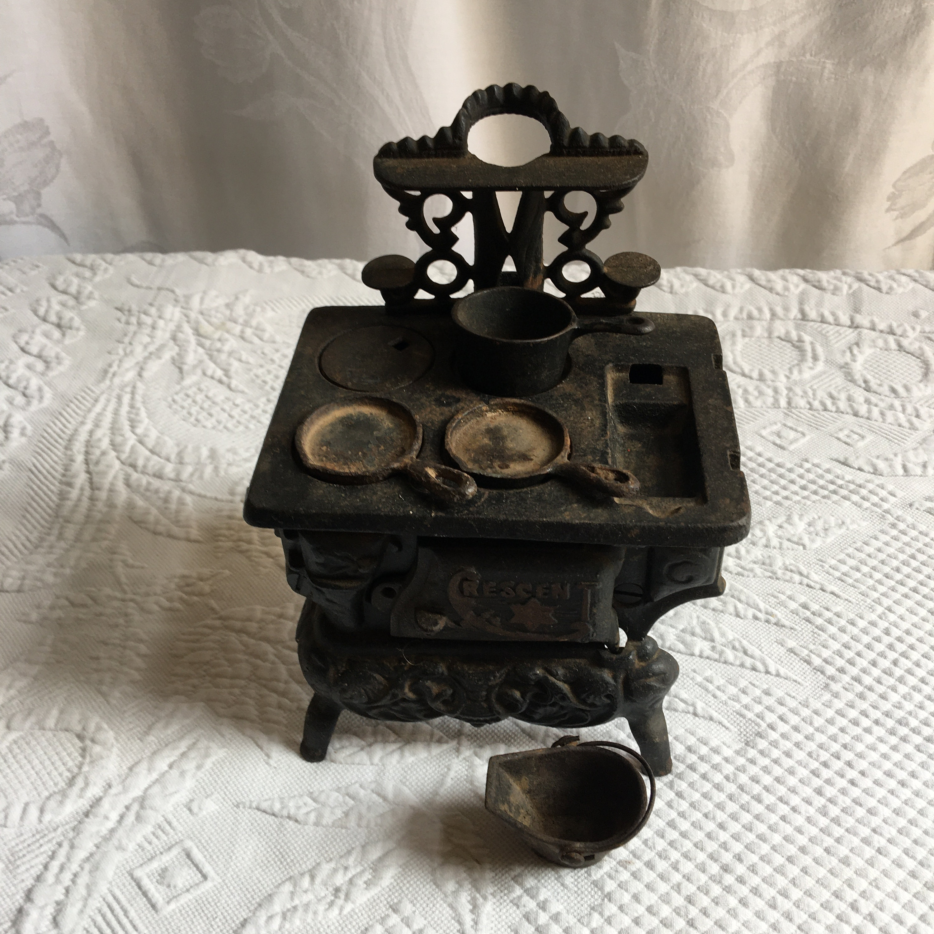 Vintage Miniature Cast Iron Stove W/ Coal Bucket, 2 Frying Pans