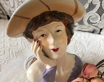 Vintage Porcelain Lady Bust Figurine. Fancy Lady With Hat With Roses and Wearing Lipstick. Collectible Figurine.