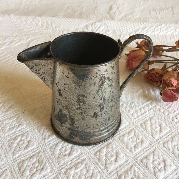 Vintage Silver Metal Pitcher With Built In Strainer. Etched Fancy Designs on the Front and Back. Very Old Tin Cream Pitcher.