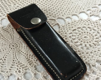 Vintage Folding Knife in Leather Case with a Snap. Stainless Blade with Wood and Brass Handle.