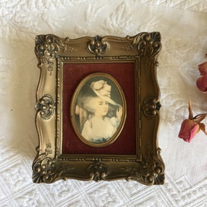 Victorian Duchess of Devonshire Medallion Picture in Gold Fancy Frame. Oval Medallion Picture Maroon Velveteen. A Cameo Creation, Reynolds.