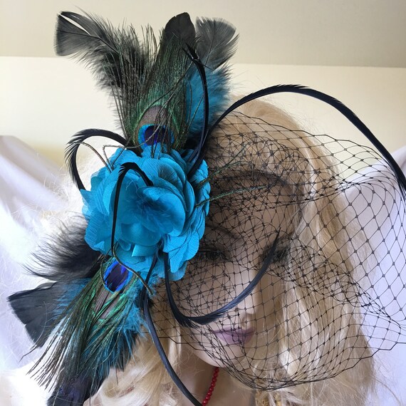 BLACK AND BLUE FASCINATOR hat / hair  Accessories Kentucky of Derby Hats for Women 2025 Tea Party Feather  main image 3