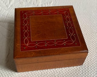 Vintage Hand Decorated Wooden Jewelry Box. Wood Box with Copper and Aqua Designs Inlaid and Painted on Top. Well Made Box.