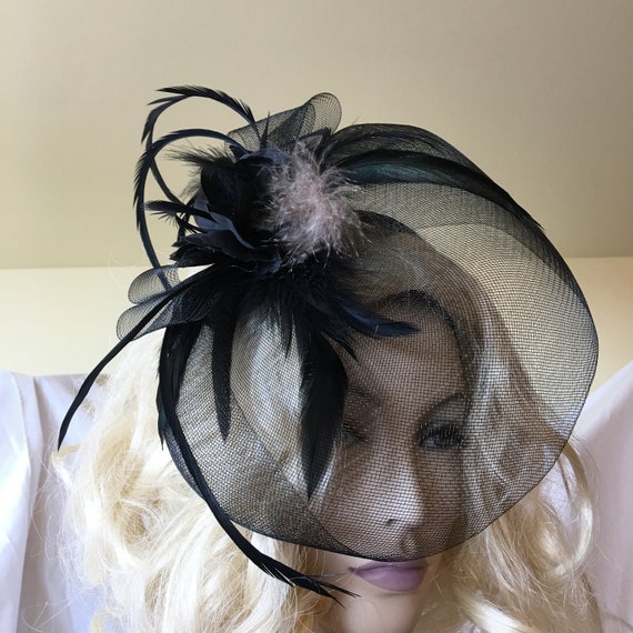 Fascinator Headband Hat, Iridescent Black Feathers, Wispy  display picture 2