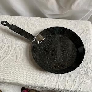 Peut inclure: Poêle en fonte émaillée noire avec une finition mouchetée et une poignée noire.