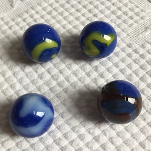 Vintage 25 mm Handmade 4 Marbles. Glass Swirl Design in Blue and Yellow, Blue and Brown or Blue and Gray. Collector Marbles. Choose Colors.