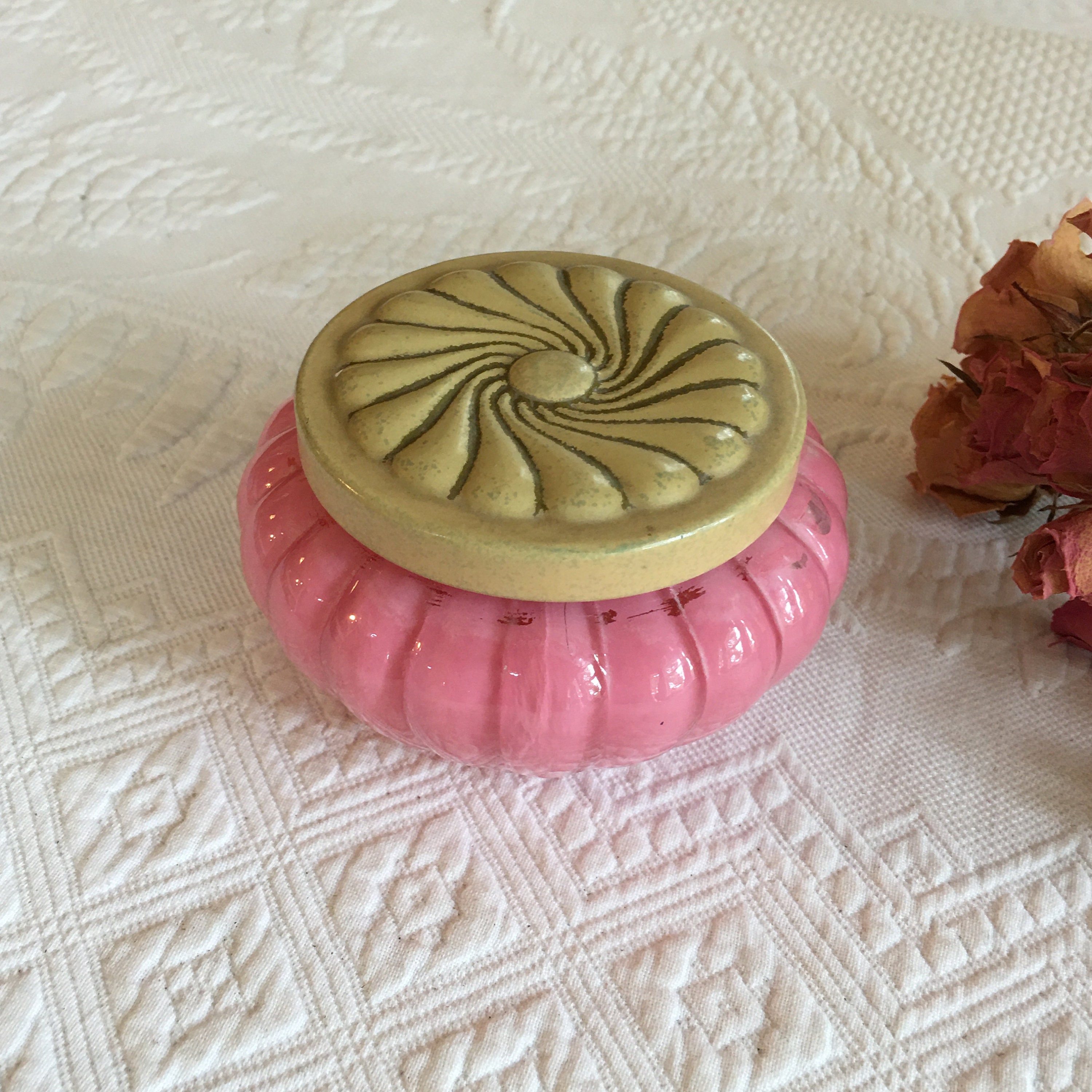 Vintage Pink Glass Dresser Dish With Floral Design Lid Design Etsy