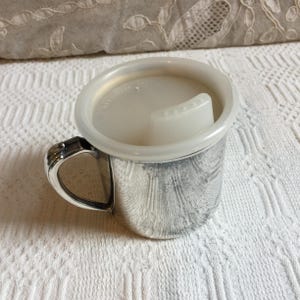 Vintage Silver Plate Baby Cup with Plastic Sippy Lid. Etched Monogram on Cup. Handle on Side of Mug or Cup. Gold Inside Silver Outside.