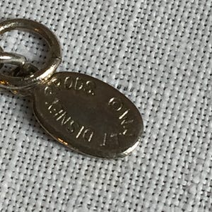 Może przedstawiać: Zbliżenie srebrnej owalnej zawieszki z napisem "&copy; DISNEY" i innym tekstem. Zawieszka jest przymocowana do srebrnego pierścienia. Tło to biała, teksturowana tkanina.