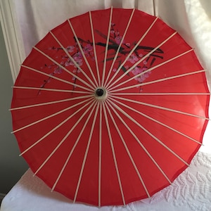 Vintage Parasol. Fabric and Bamboo Hand Painted Red and White Parasol with Pink Dogwoods. Asian Influence Parasol. Wood Pole. Just Lovely!