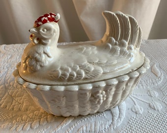 Vintage Ceramic Chicken on Nest Bowl. Ceramic Kitchen Chicken or Hen Dish with Lid. White Ceramic Chicken with Red Accents.