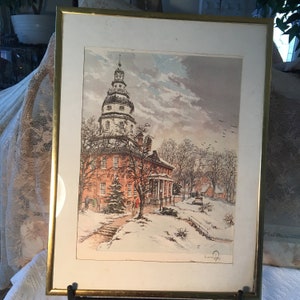 Vintage Print of the Annapolis State House in the Snow, Completed in 1779. Signed by Hans Figura Gold Metal Frame and Hand Cut Mat.