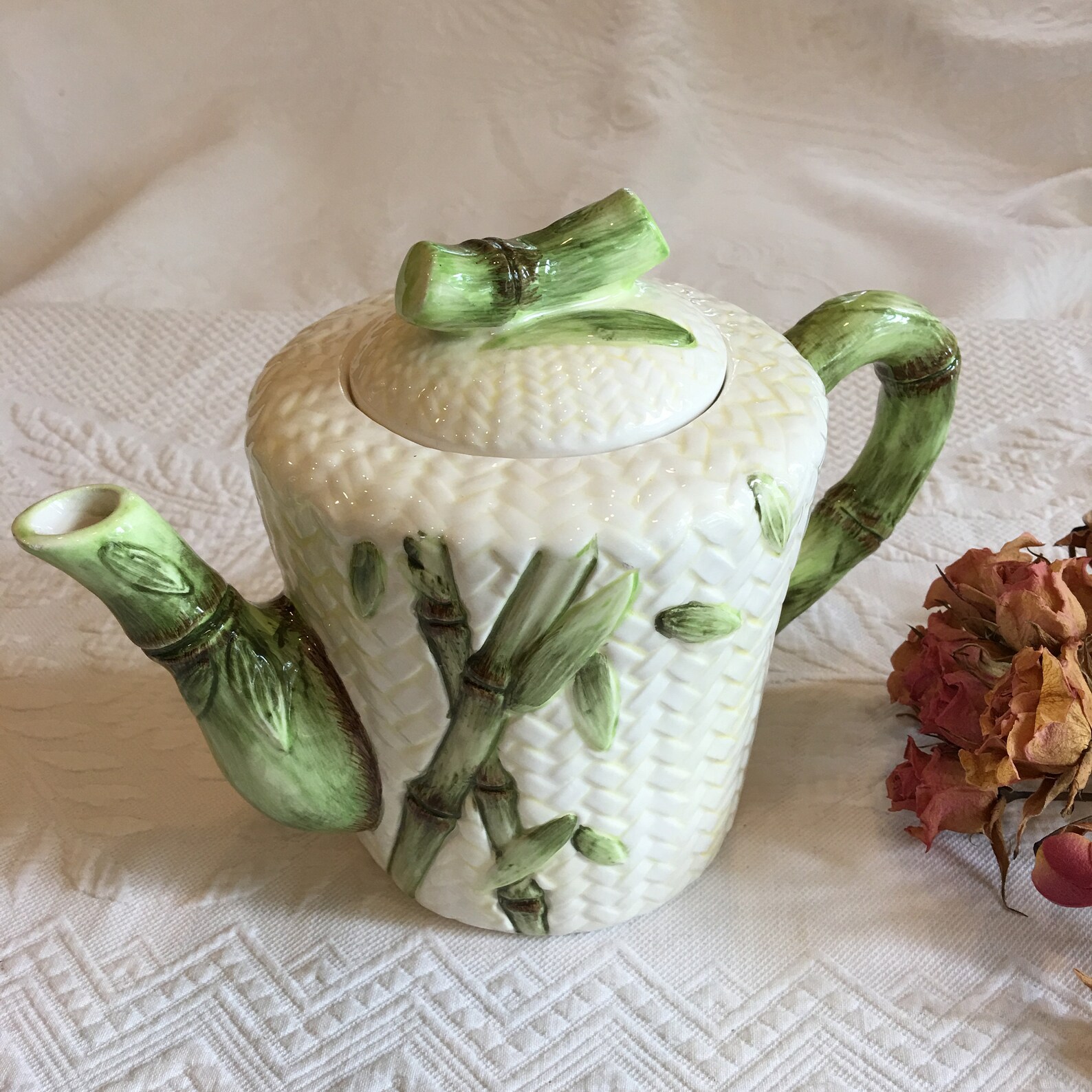 Vintage Bamboo Rattan Teapot Cardinal Inc. Hand Painted Etsy