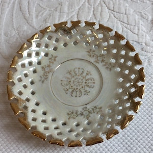 Vintage Openwork Porcelain Plate with Gold Designs and Gold Edge with Cut Out Designs. Iridescent White Finish.