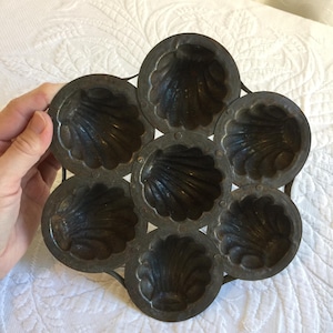 Antique Iron Muffin Pan w/ Seashell Shapes. Very Old Mold Muffin Pan, Rust from Use and Age. Charming Shape and Arrangement Great Display.