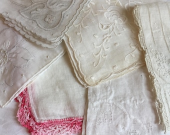 Vintage 6 Hankies in Pink and White. Linen and 1 Cotton. Wedding and Feminine with Pulled Thread, Embroidery, Crocheted, Openwork, Shadow.