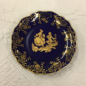 Vintage Limoges Blue and Gold Fancy Dresser Dish. Scalloped Plate for Collecting Jewelry and Trinkets on Dresser. Romantic Man & Woman.