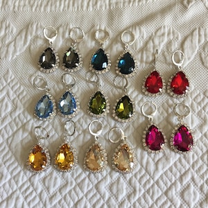 Handmade Pierced Earrings. Choose Your Color. Teardrop Gem Surrounded by Rhinestones. 925 Silver Plated Lever Back Round Wires. New.
