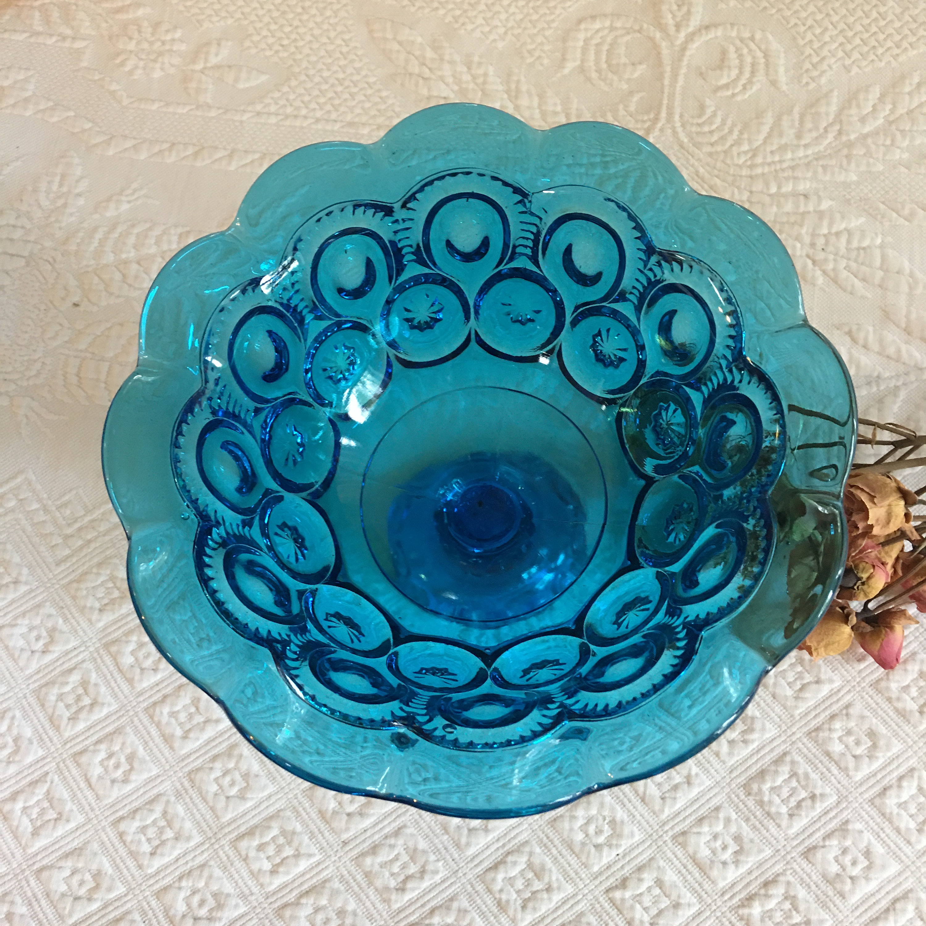 Vintage Blue Glass Bowl. Pedestal Footed Bowl With Scalloped Etsy