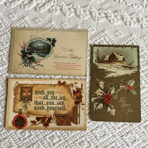 3 Victorian Antique Christmas and Xmas Postcards. 1921 and Earlier. One Cent Stamps of G Wash and Ben Franklin. Christmas Decoration.