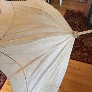 Antique Parasol. Victorian Small Linen Pulled Thread Parasol. Great for a Sunshade When Walking. Wooden Long Straight Pole with Tassel.