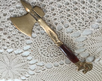 Vintage Brass Guillotine Type Sword Letter Opener with Decorative Brass Lion Head and Wood Handle.