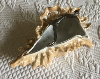 Vintage Seashell Trinket Dish. Porcelain Pearlized Finish with Silver Swirl Design on Top. Shell Shaped Dish. Use in Bathroom.