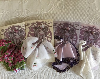 Vintage Handkerchief Greeting Card. Choose Your Card. Angel Lady With Wings. Hankie Makes the Skirt and Hair Ornament.