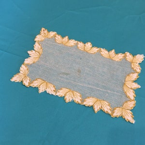 Vintage Cutton Embroidered Leaves Around Net Background. Beautiful and Feminine Rectangular Doily. Green Stitching on White.