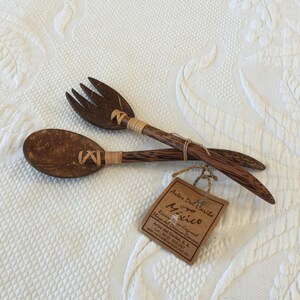 Vintage Ethnic Carved and Woven Spoon and Fork Set to Serve. Decorative Wood. Beautiful and Well Made. Use or Display.