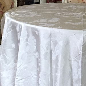 Vintage Creamy White Damask Round or Rectangle Tablecloth W/ Tulips Flowers, Dull Semi-Shiny Tablecloth. Easy Care, Fancy Wedding Table.