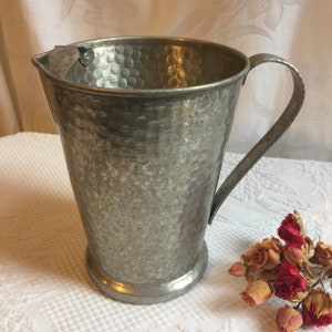 Vintage Hammered Aluminum Water Pitcher with Ice Stop at Spout. Hand Wrought Pitcher. Light Weight and Charming.