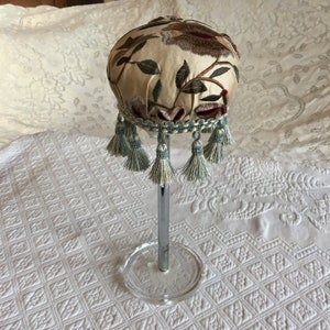 Handmade Hat Stand Silk, Velvet and Chenille Hat Stand with Clear Plastic Stand. Elegant Silk with Embroidered Vines and Chenille Flowers.