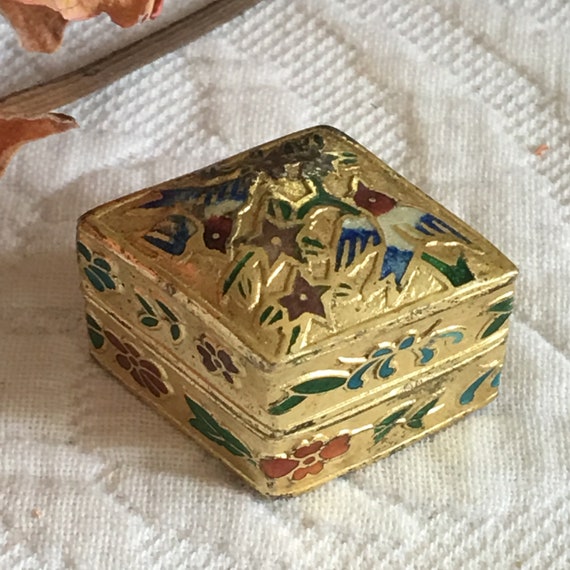 Vintage Cloisonne Diamond Pill Box with Birds and… - image 1
