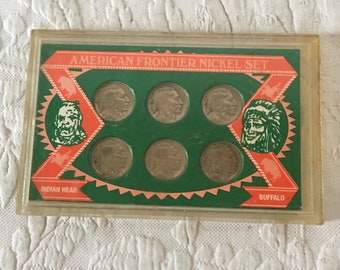 Vintage 1995 SSCA American Frontier Nickel Set. Indian Head and Buffalo Nickels. Two 1926, One 1936 and One 1937, Two Unreadable.