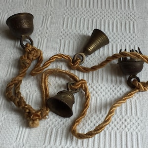 Vintage Cord Rope with Four Etched Brass Bells in Different Styles. Two Bells Ring and Two Don&#39;t Have a Ringer. Display Bells.