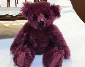 Vintage 6 1/2" Purple Mohair Teddy Bear with Glass Eyes and Embroidered Features, Trimmed Muzzle. Textured Ultra Suede Feet Pads. Weighted.