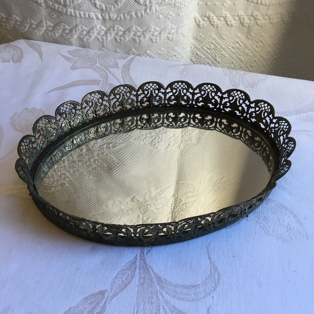 Vintage Gold Oval Mirror Tray With Openwork Trellis and Swirling Patterns. Old Purple Flocked
