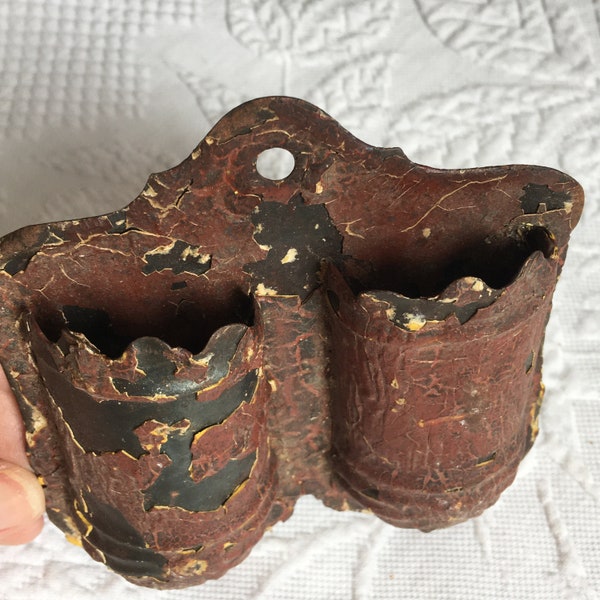 Antique Wall Match Holder. Many Coats of Old Chipped Paint on This Double Match Wall Holder. Great for Kitchen Decor or by a Fireplace.