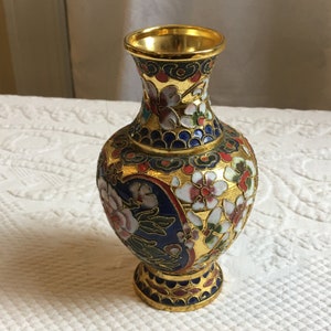 Vintage Brass Cloisonne Vase. Flowers, Leaves and Border Designs. Lovely for Display or to Hold Flowers to Enjoy.