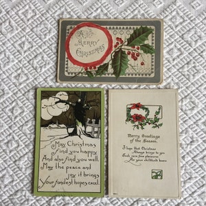 3 Victorian Antique Christmas Postcards. One 1907 Cancelled Stamp with a 1 Cent Ben Franklin Stamp. Two G. Wash. Stamps. Christmas Decor.